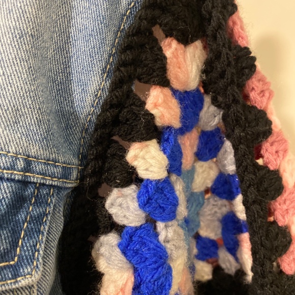 Upcycled BBJ Los Angeles Denim Jacket — Women's L, Crochet Sleeves - Boho - Picture 6 of 8